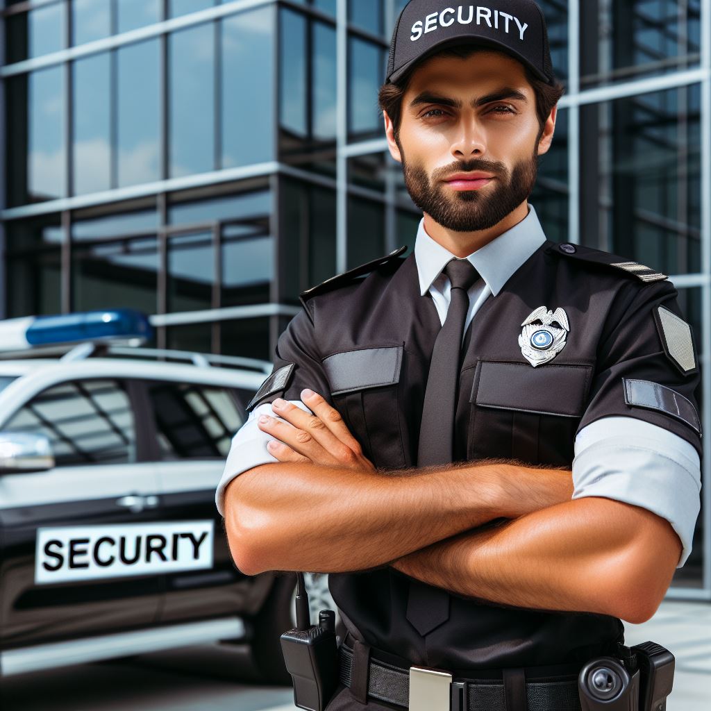 Security Guard Crossing Arms in front of building for fire watch security guard services